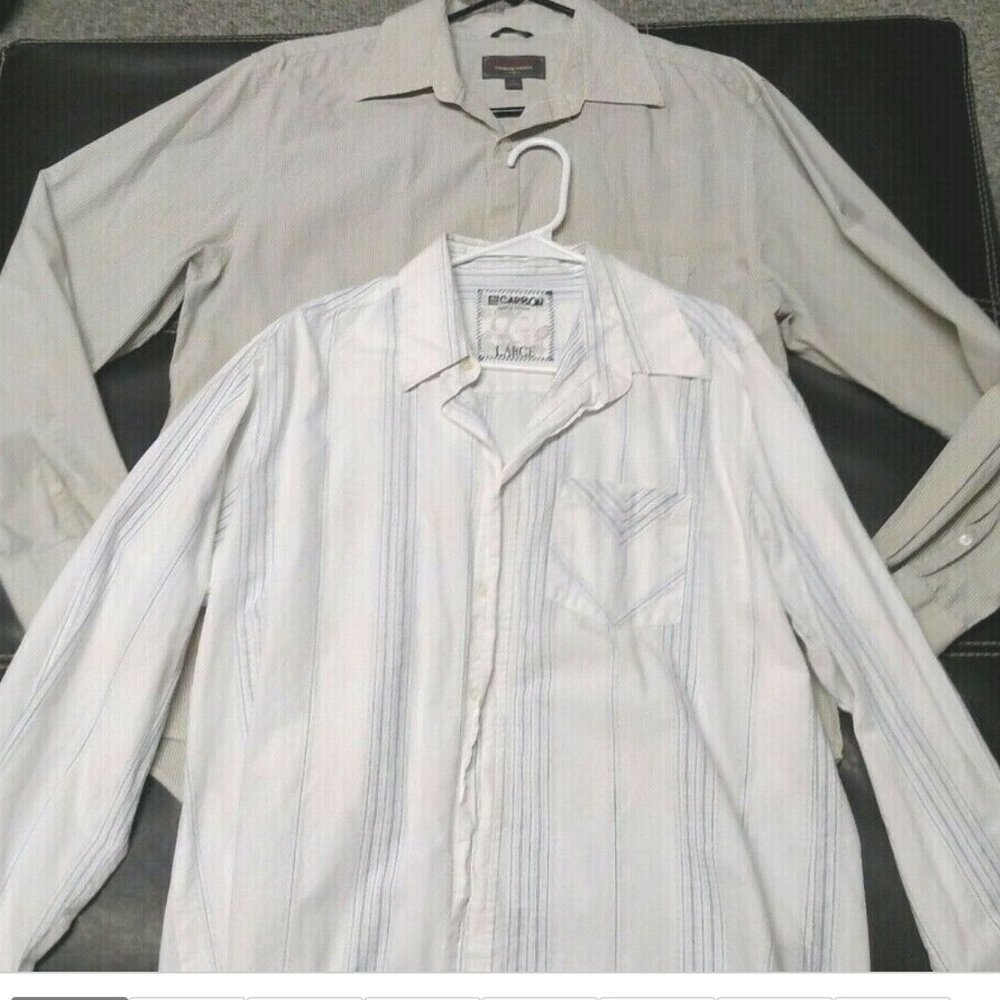 Lot of 2 Large Button Dress Shirts Long Sleeve White and Tan/Gray